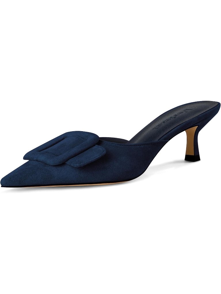 Women's Dark Blue Slingback Buckle Pumps Kitten Heels Pointed Toe Slides Sandals